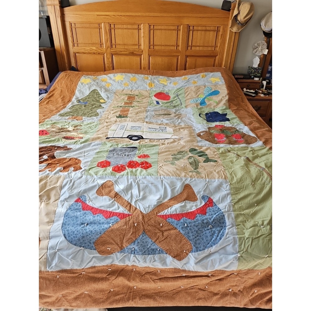 75x90 Twin Handmade Quilt, Quilting on the one side, Tan one piece on back. - Picture 2 of 11